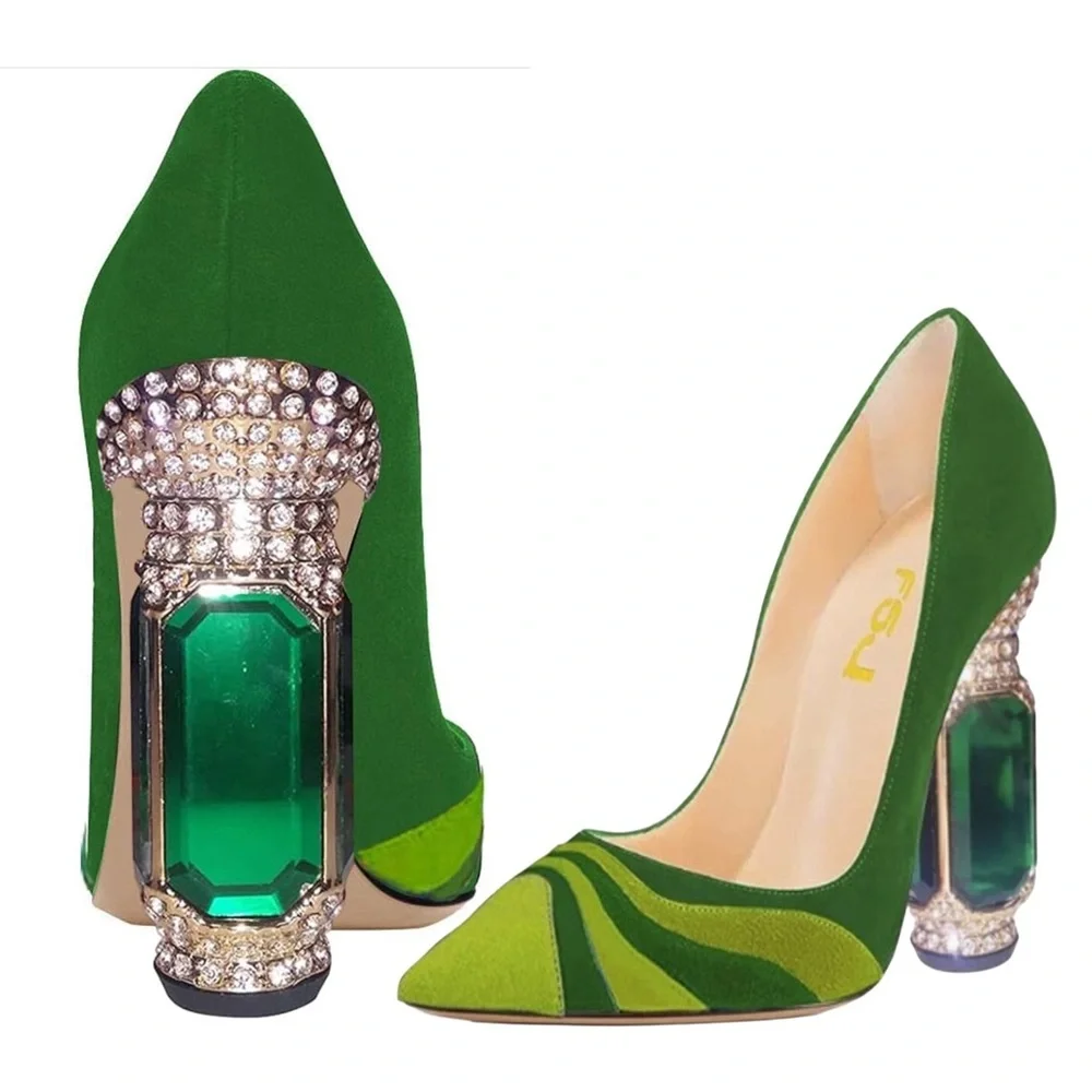 FSJ Women Bridal Pointed Toe Chunky Block High Heel Crystal Pumps Slip on - Picture 3 of 6